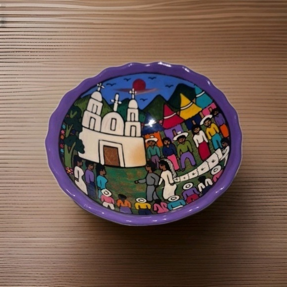 Mexican Folk Art 3 Legged Terracotta Bowl‎ Church Wedding Scene Hand Painted